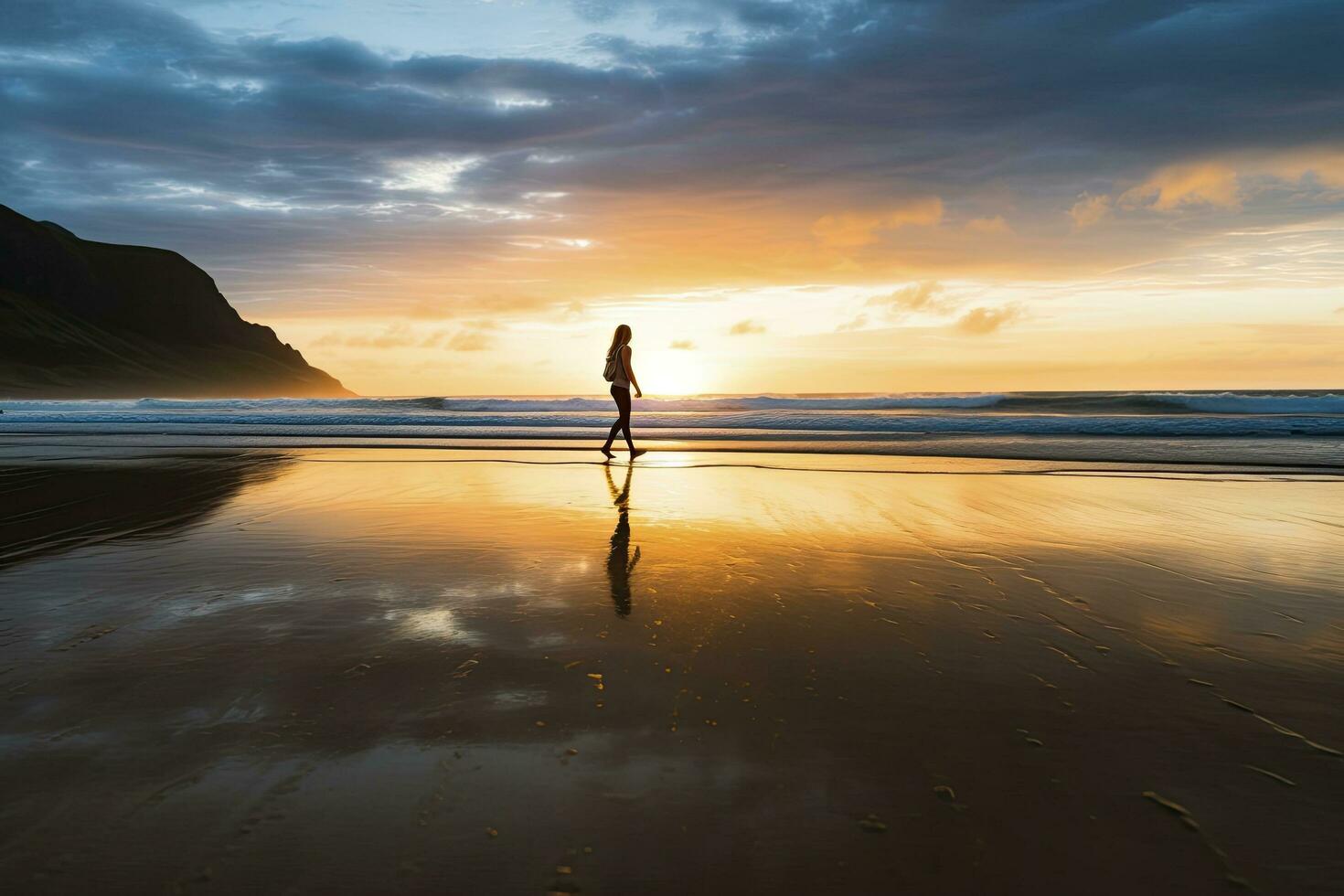 AI generated A person walking on the beach at sunset. AI Generated. photo