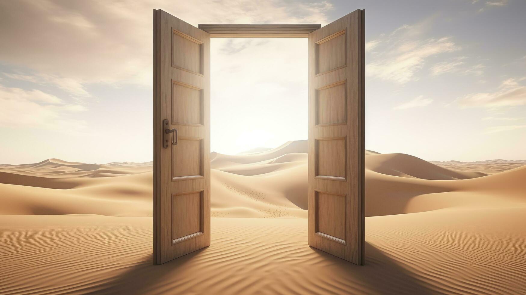 ai generado el abrió puerta en el desierto. desconocido y comienzo arriba concepto. ai generado. foto