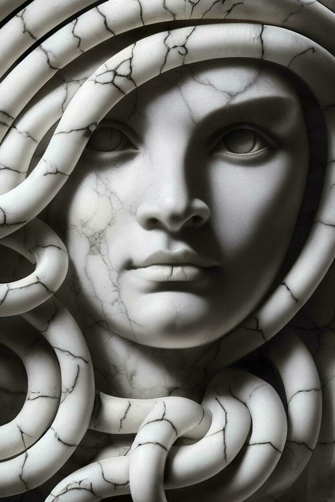 ai generado retrato de cyborg medusa cerca arriba tallado en mármol. ai generado foto