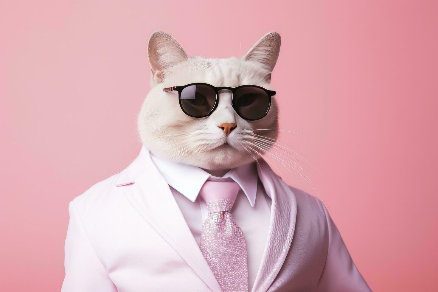 AI generated A cat is wearing sunglasses and suit on Pink Background. AI Generated photo