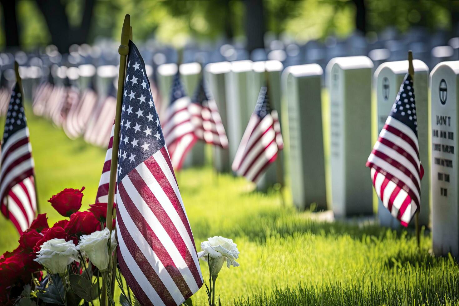 AI generated Military Headstones and Gravestones Decorated With Flags for Memorial Day.  AI Generated photo