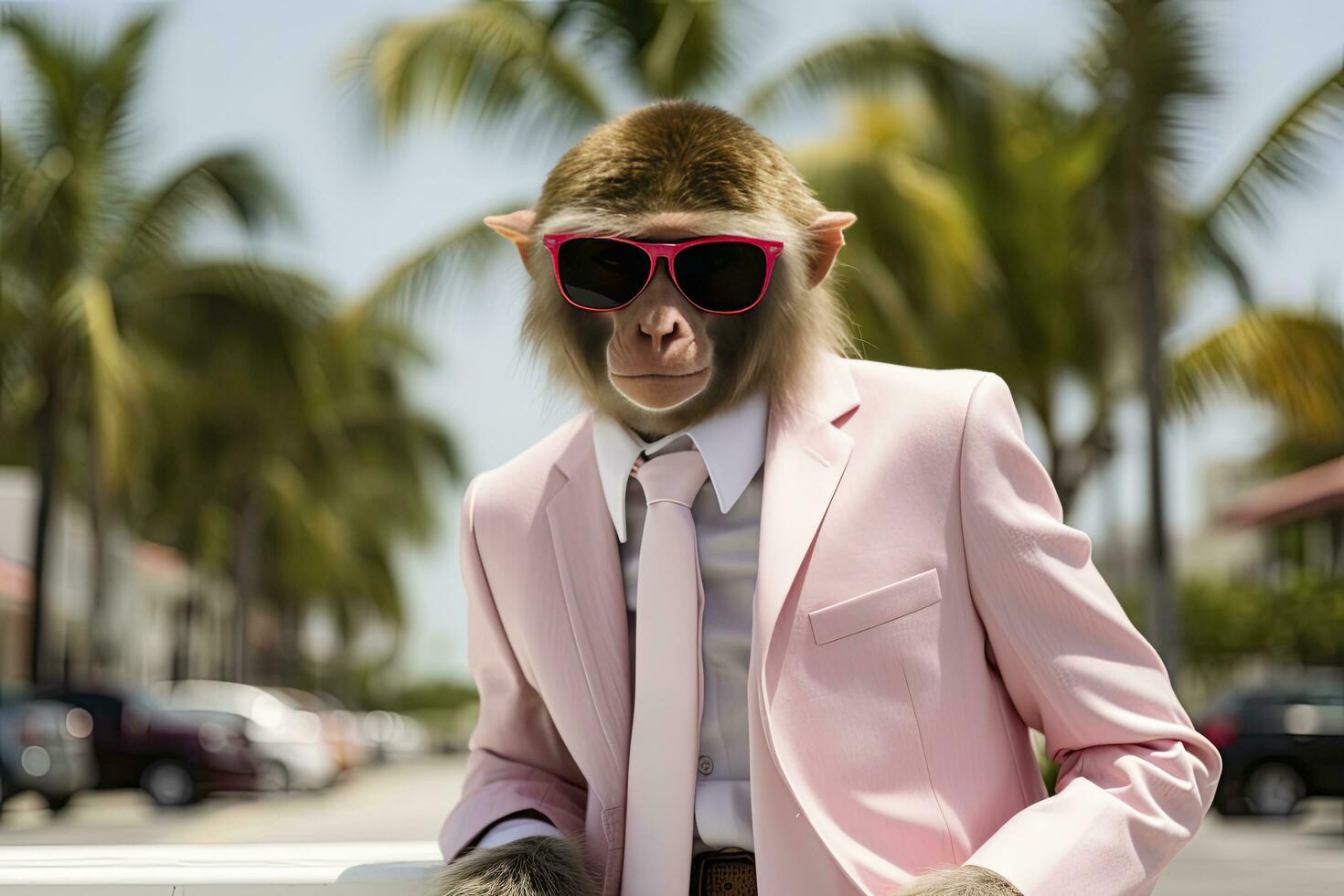 AI generated A Monkey is wearing sunglasses, suit and standing on street. AI Generated photo