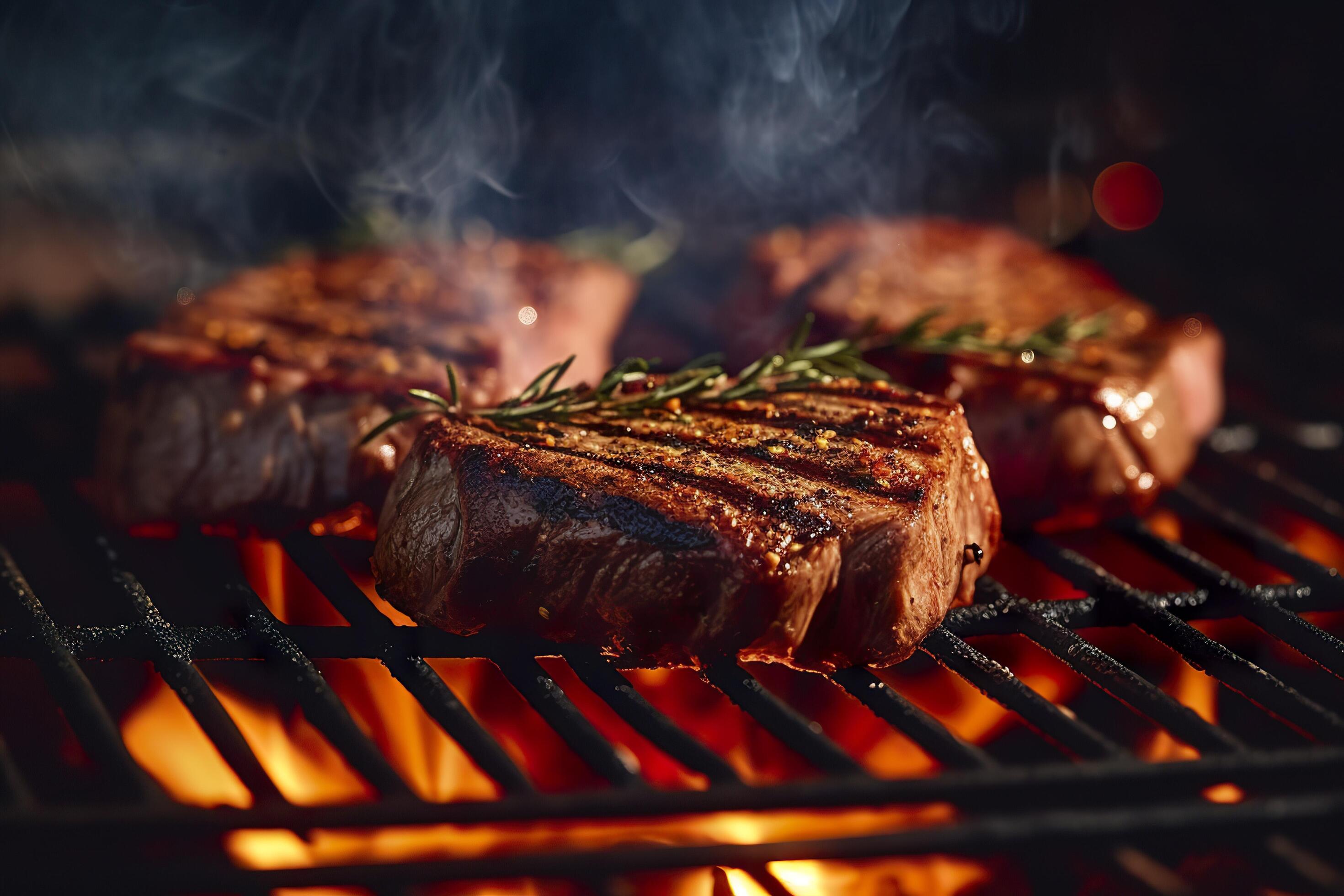 AI generated Meat grilling on a charcoal grill with smoke rising. AI