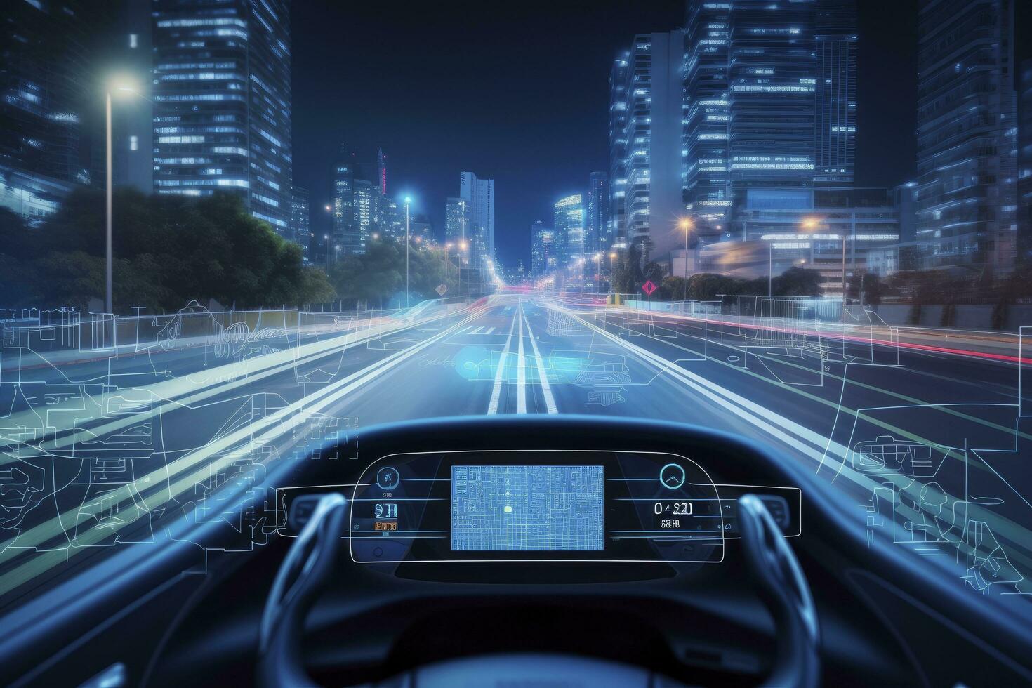 AI generated Modern smart car technology intelligent system using Heads up display HUD Autonomous self driving mode vehicle on city road with graphic sensor radar signal system intelligent car. photo