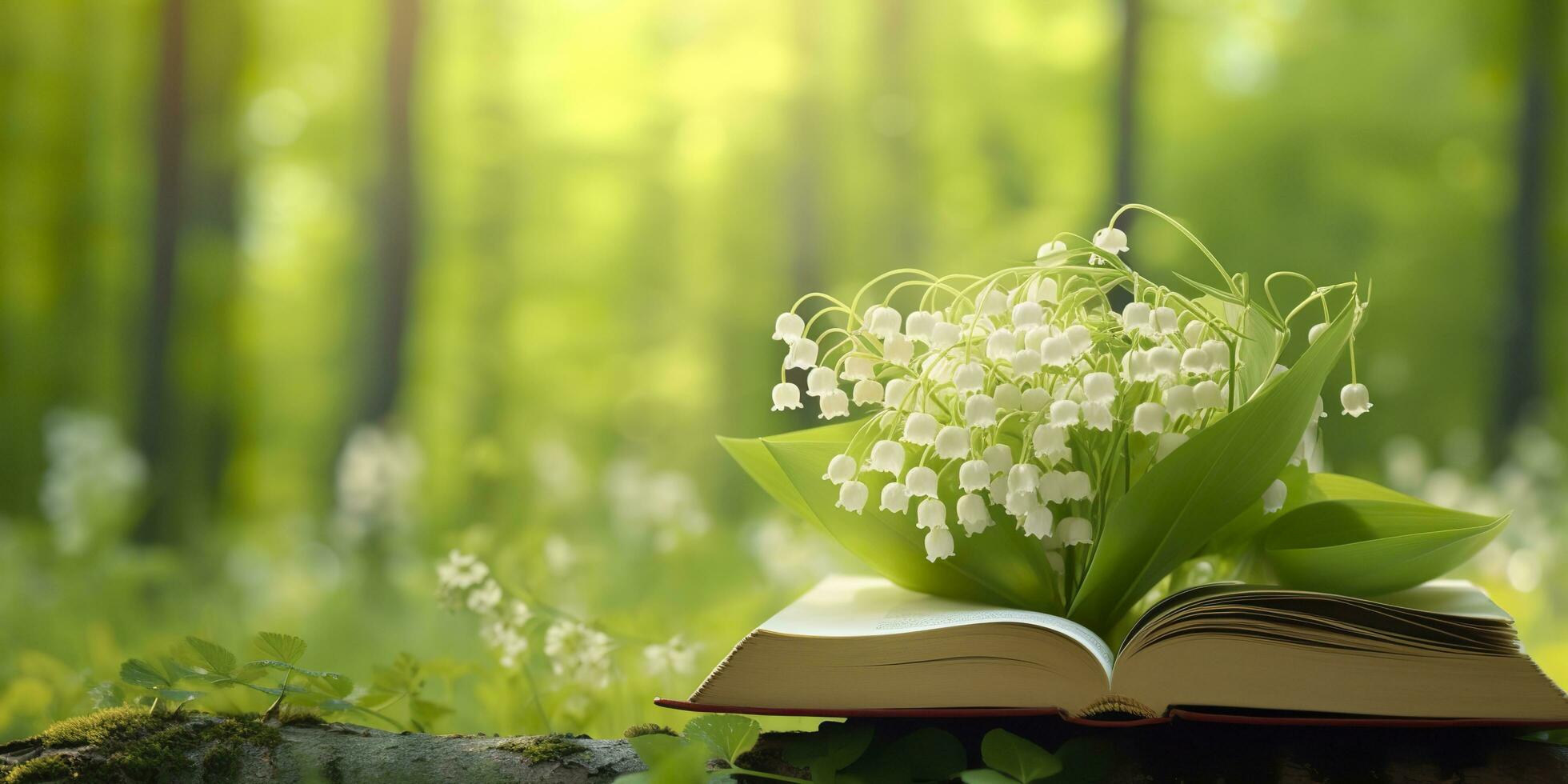 AI generated Lily of the Valley flowers and old books in the forest, green natural background. AI Generated photo