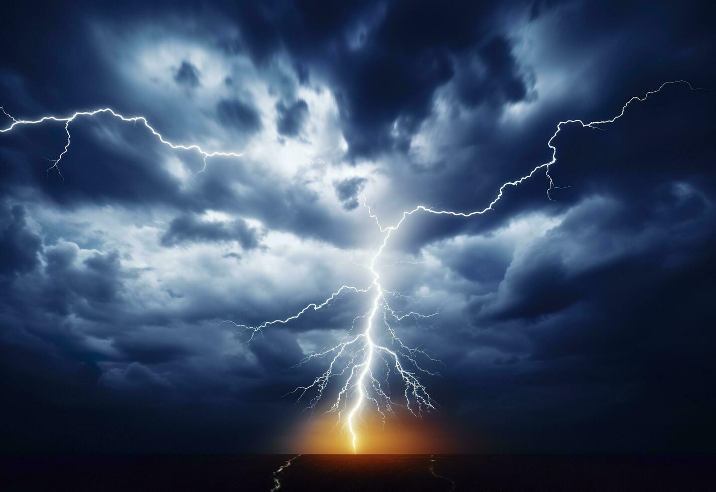 AI generated Lightning strikes on a cloudy dramatic stormy sky. AI Generated photo