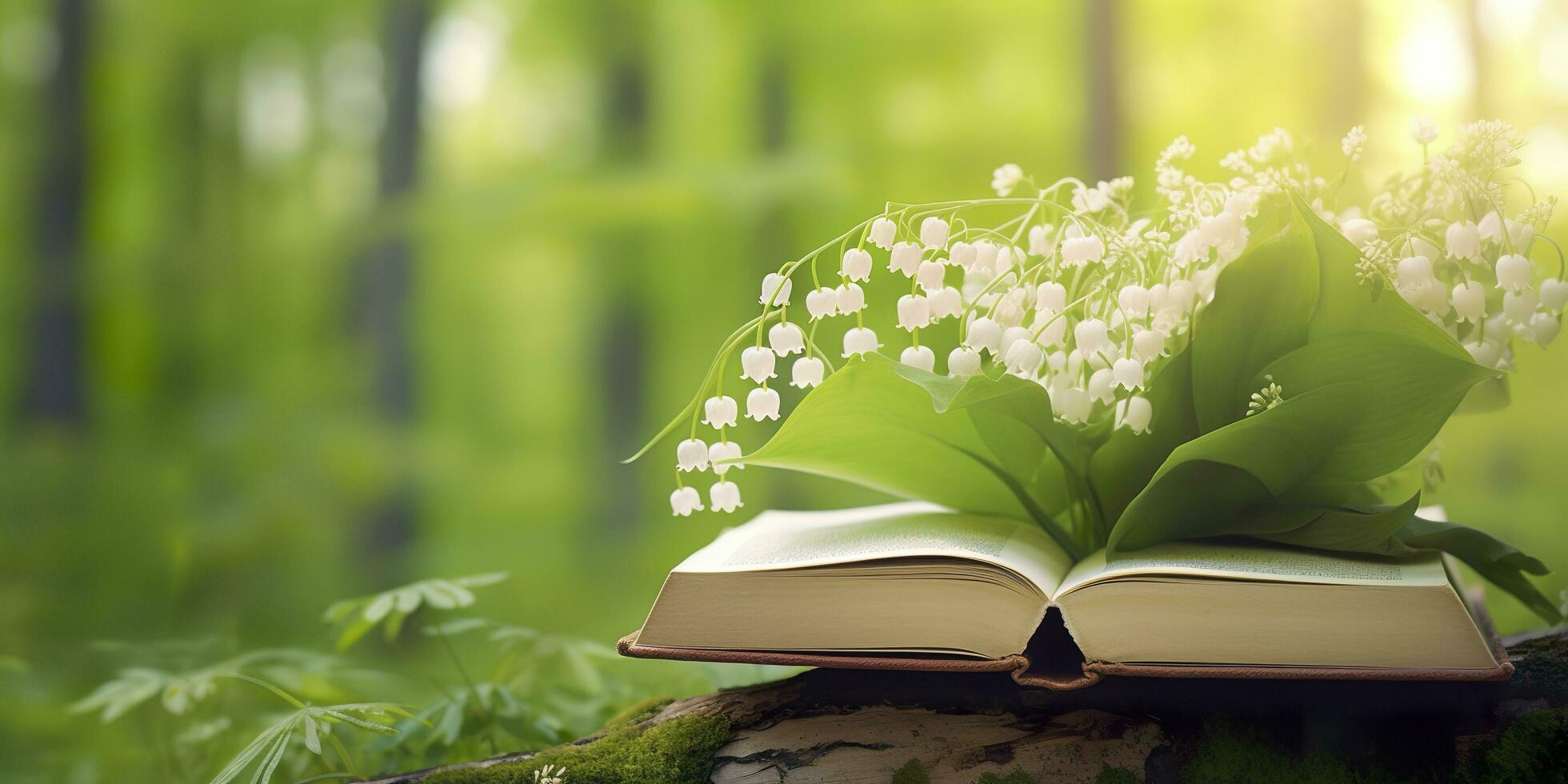 AI generated Lily of the Valley flowers and old books in the forest, green natural background. AI Generated photo