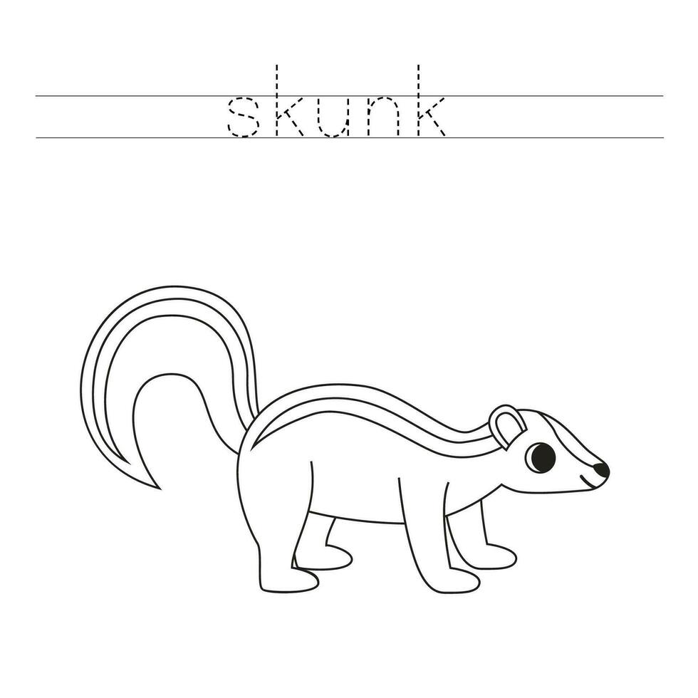 Trace the letters and color cartoon skunk. Handwriting practice for kids. vector