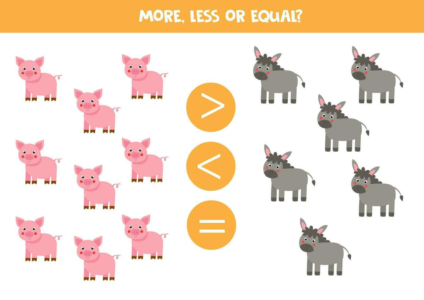 Grater, less or equal with cartoon pigs and donkeys. vector