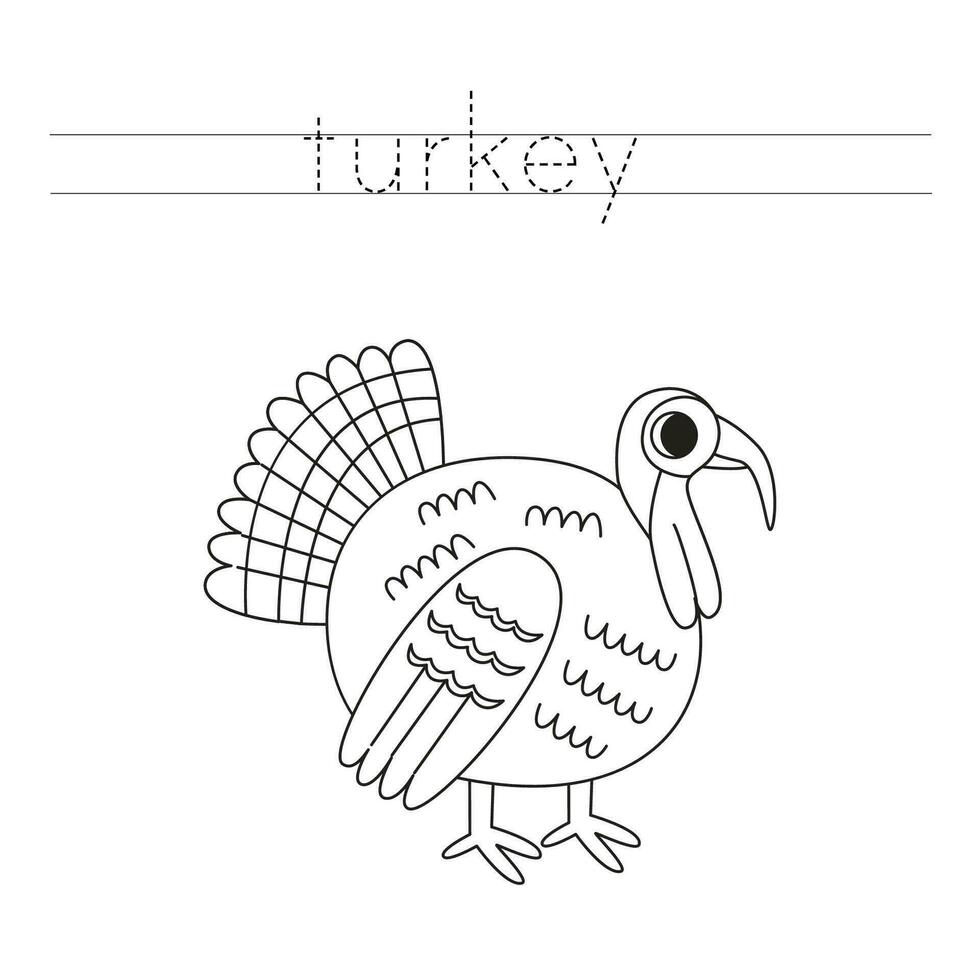 Trace the letters and color cartoon turkey. Handwriting practice for kids. vector