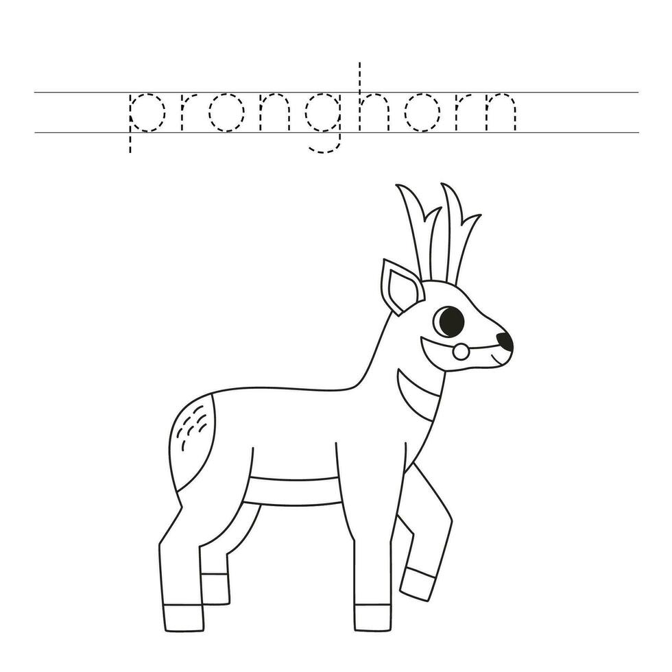 Trace the letters and color cartoon pronghorn. Handwriting practice for kids. vector
