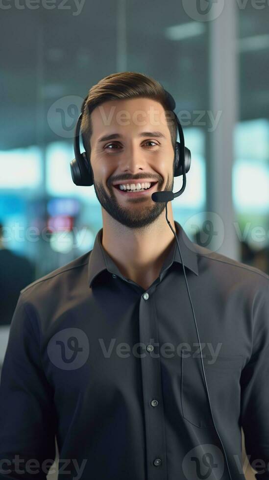 AI generated Happy Man as Customer Service Representative Employee, Customer Needs, Help Desk photo