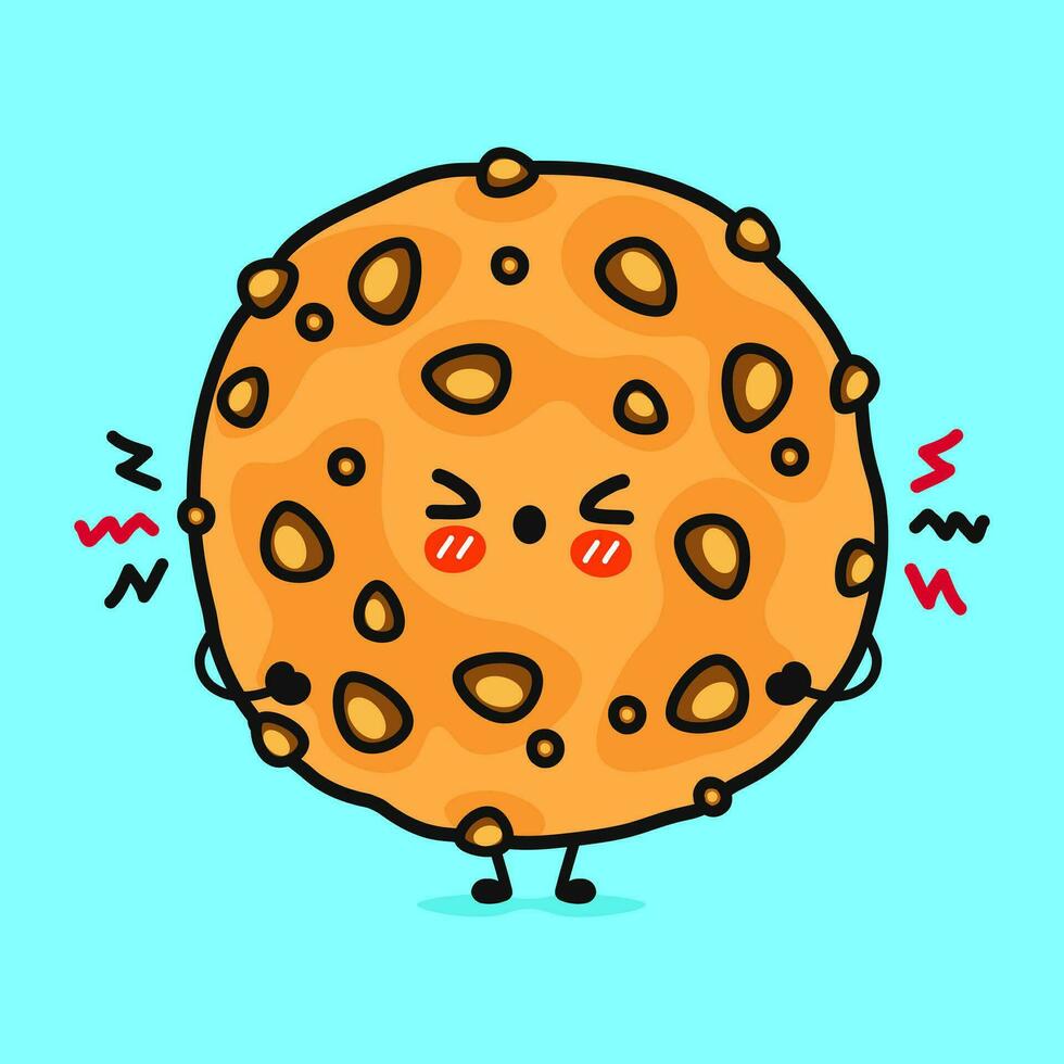 Angry Oatmeal cookies character. Vector hand drawn cartoon kawaii character illustration icon. Isolated on blue background. Sad Oatmeal cookies character concept