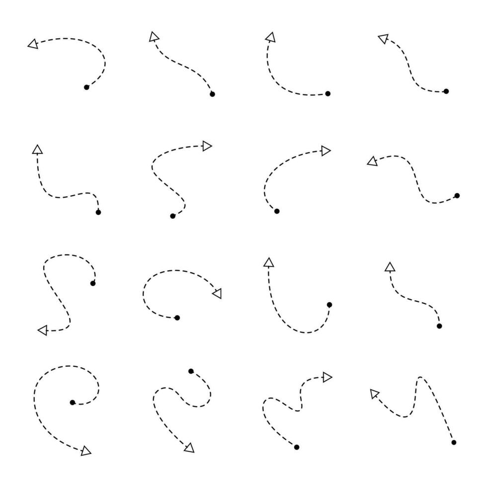Hand drawn arrow dash line set isolated vector illustration.