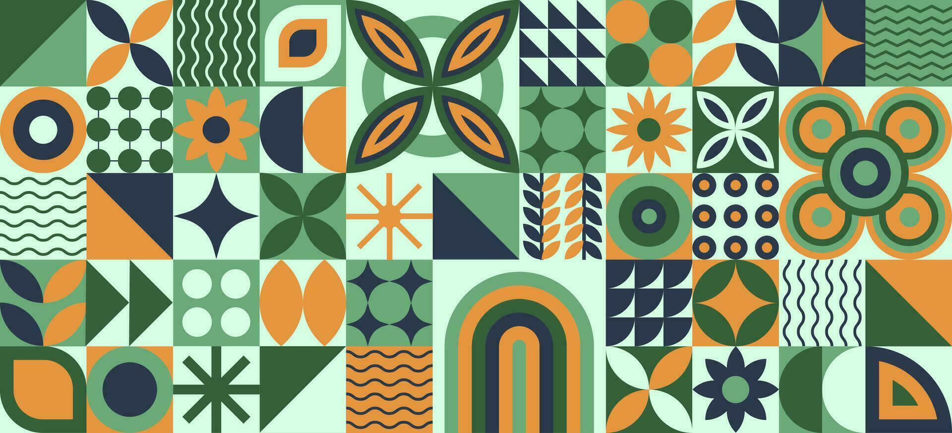 Bauhaus art with plants, natural geometric pattern in tiles, decorative abstract design with flowers and leaves, vector illustration, banner, wallpaper.