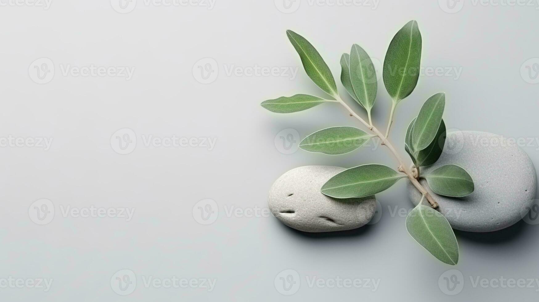 AI generated Pebble Rocks and Sage Twig Isolated on Minimalist Background, Copy Space, Presentation Background photo