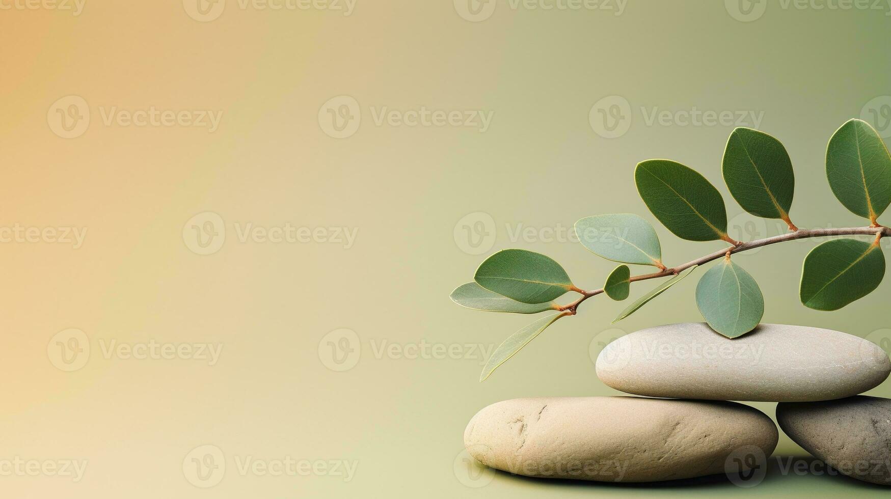 AI generated Pebble Rocks and Sage Twig Isolated on Minimalist Background, Copy Space, Presentation Background photo