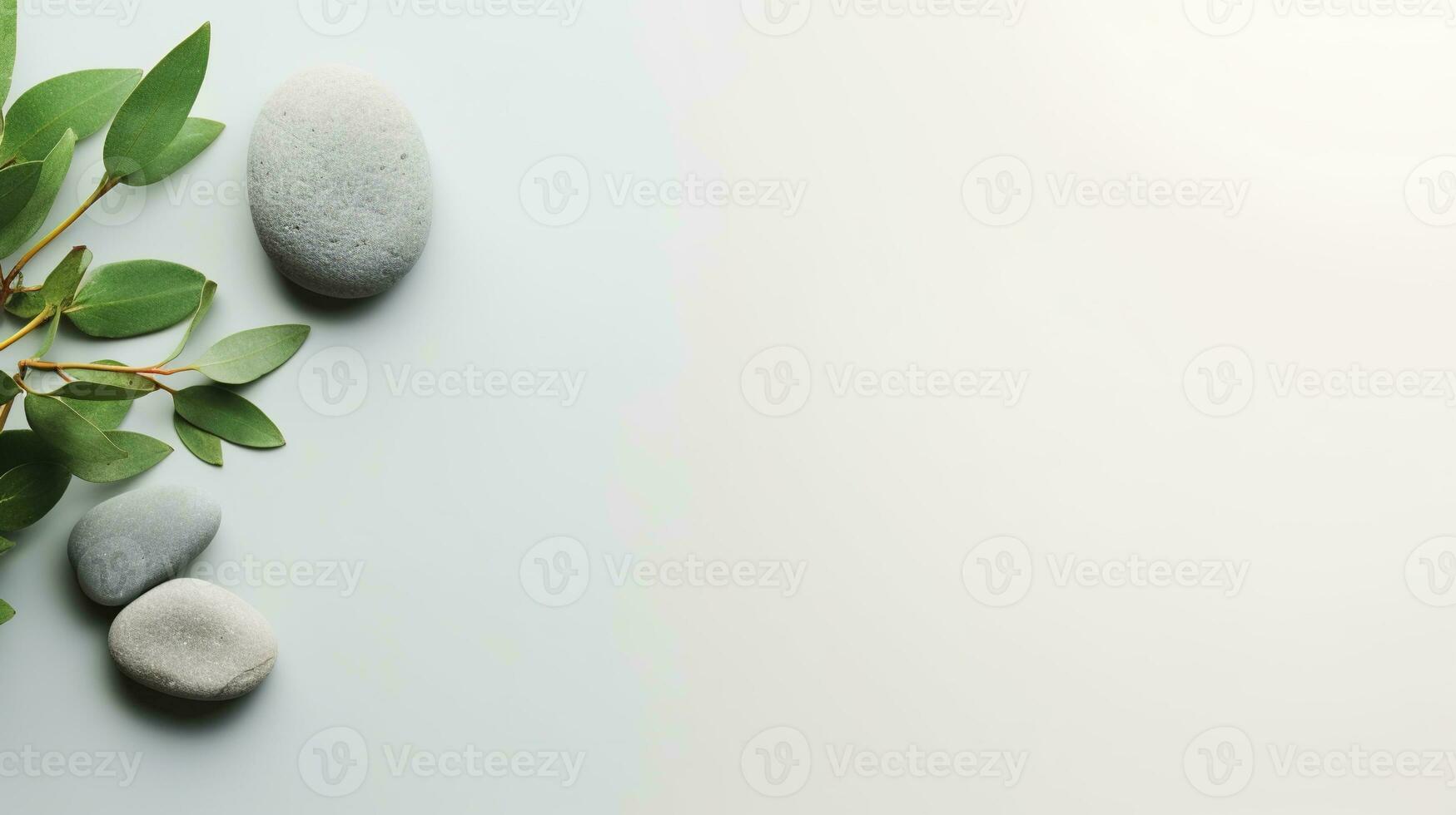 AI generated Pebble Rocks and Sage Twig Isolated on Minimalist Background, Copy Space, Presentation Background photo