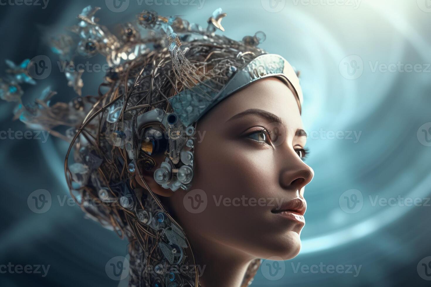 AI generated Girl hiker sitting on mountain azure lake. Generate ai photo