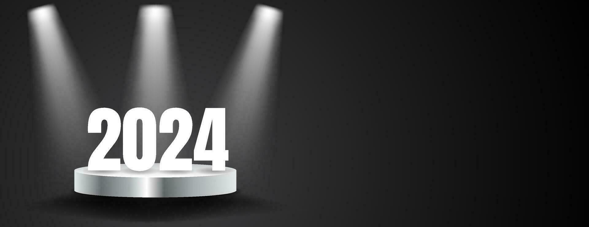 white 2024 text on 3d podium with light, space for text and black background vector