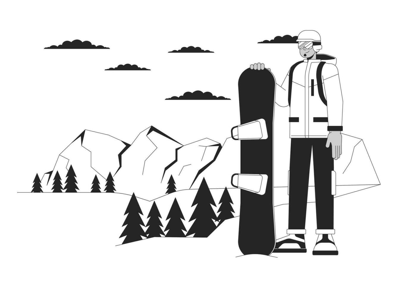 Snowboarder standing on ski resort black and white cartoon flat illustration. Middle eastern man snowboarding vacation 2D lineart character isolated. Wintersport monochrome scene vector outline image