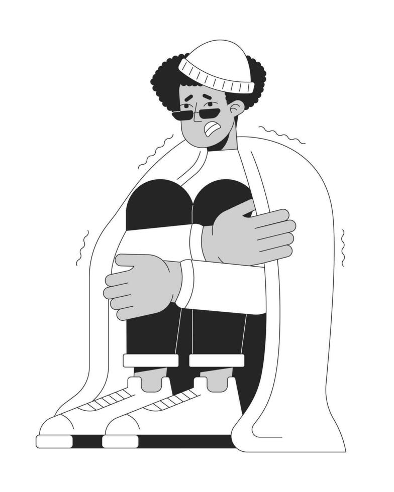 Hispanic guy chills under blanket black and white 2D line cartoon character. Latin american man trembling without heater isolated vector outline person. Chills monochromatic flat spot illustration