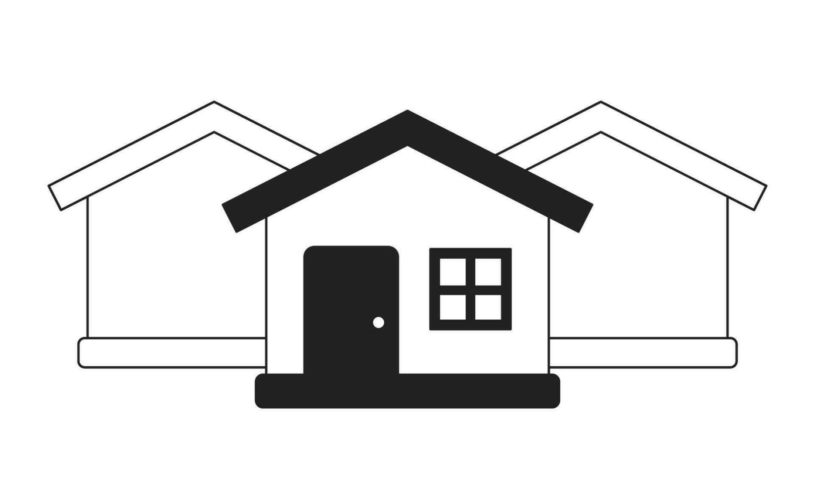 Neighborhood houses one storey black and white 2D cartoon object. Residential buildings isolated vector outline item. Suburb homes. Community neighbourhood monochromatic flat spot illustration