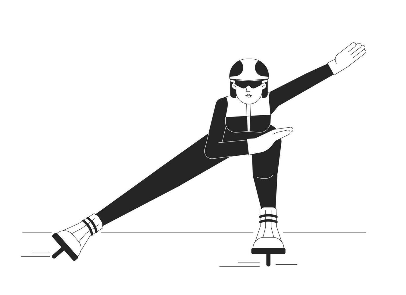 Ice speed skater woman black and white cartoon flat illustration. Short track speedskate sportswoman asian 2D lineart character isolated. Competitive wintersport monochrome scene vector outline image