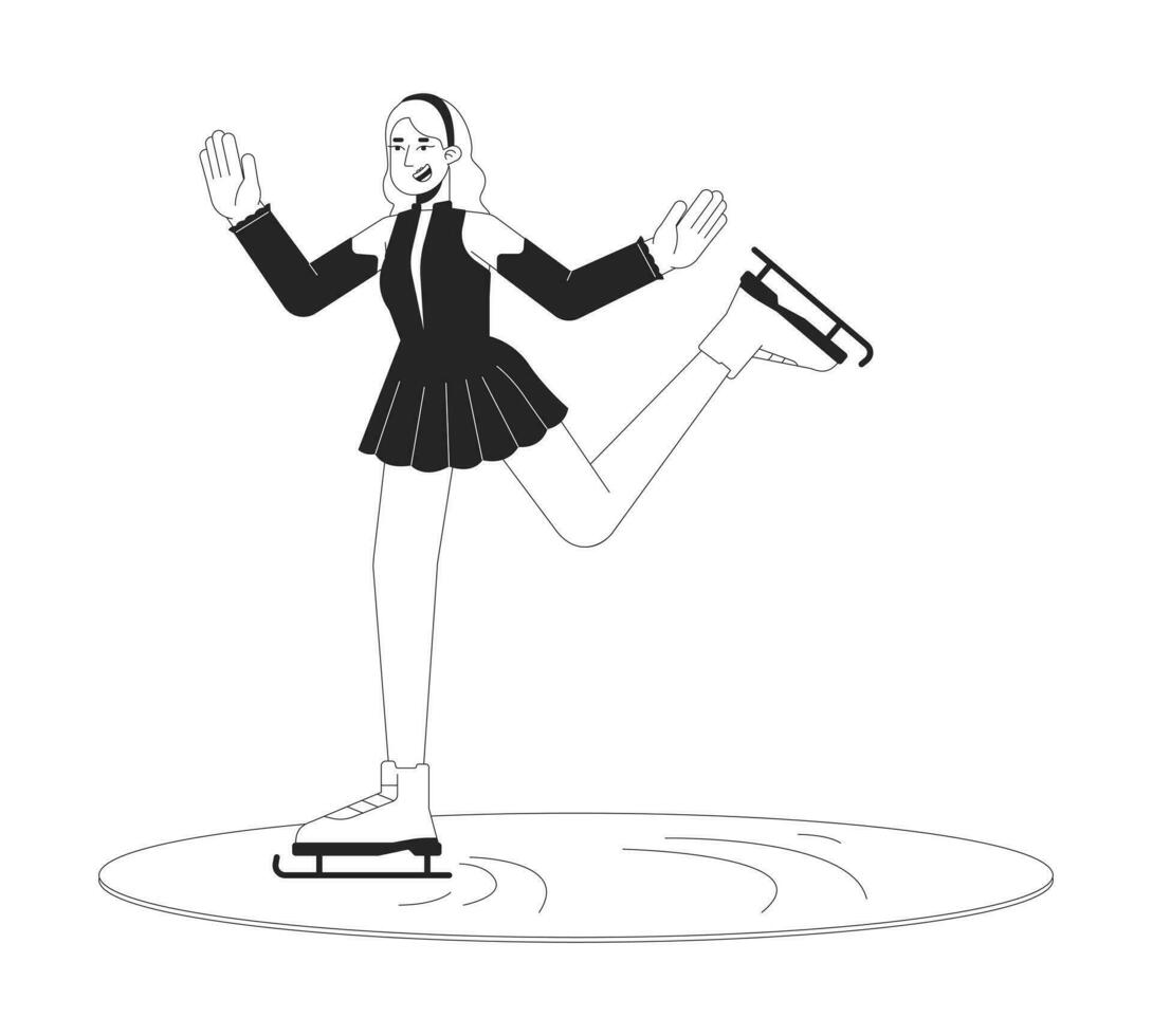 Female skater figure skating black and white cartoon flat illustration. Blonde caucasian ice skater girl figureskating 2D lineart character isolated. Wintersport monochrome scene vector outline image