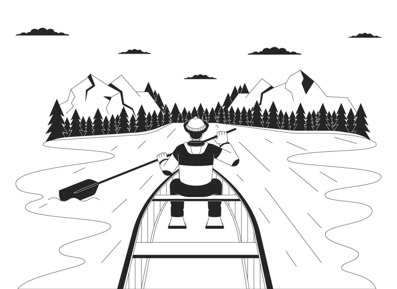 Winter boating season black and white cartoon flat illustration. Kayaking snow. Latino fisherman fishing boat 2D lineart character isolated. Watersports activity monochrome scene vector outline image
