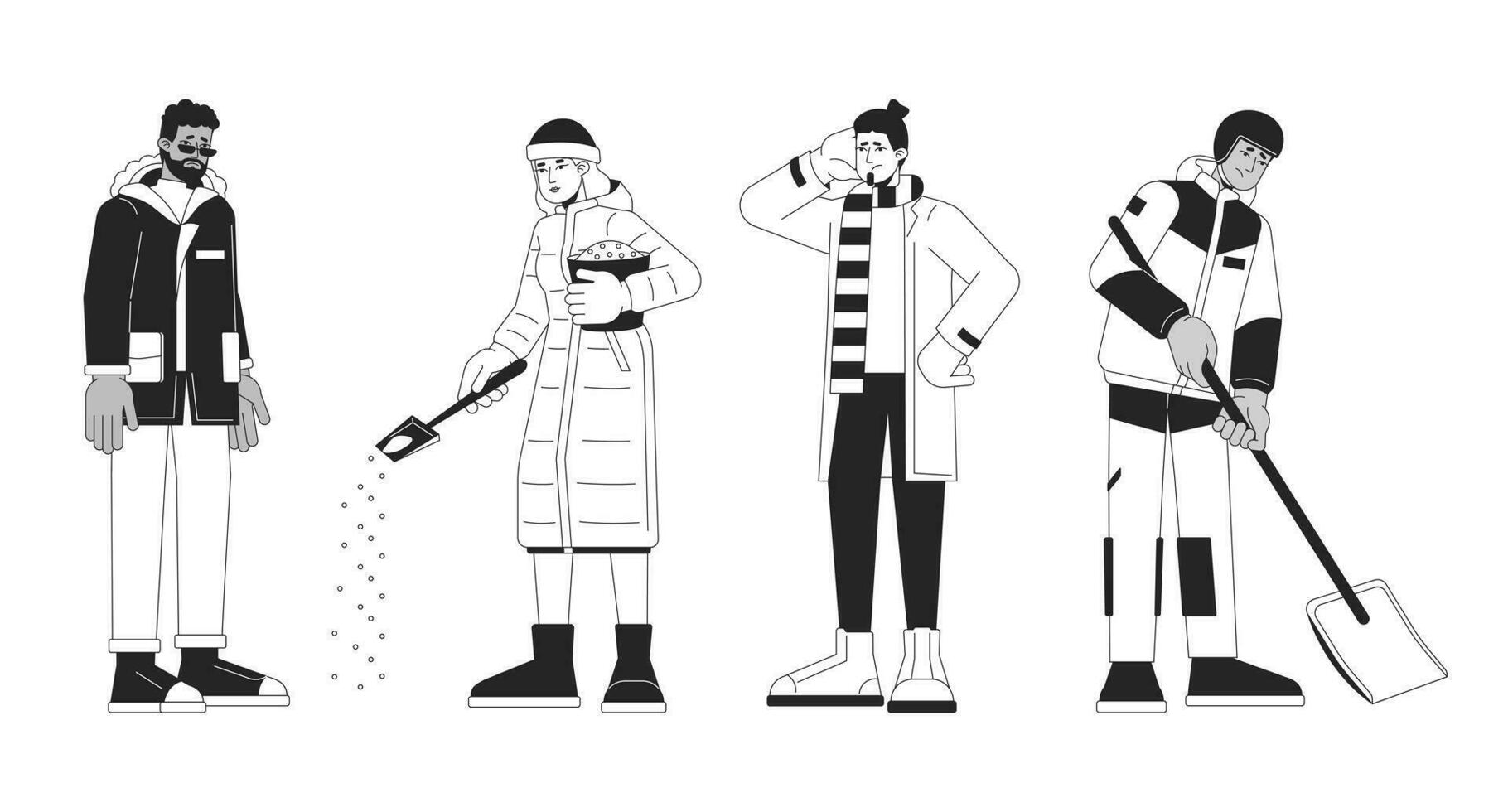 Winter hazards preventing black and white 2D line cartoon characters set. Outerwear isolated vector outline people collection. Protect against winter weather monochromatic flat spot illustrations