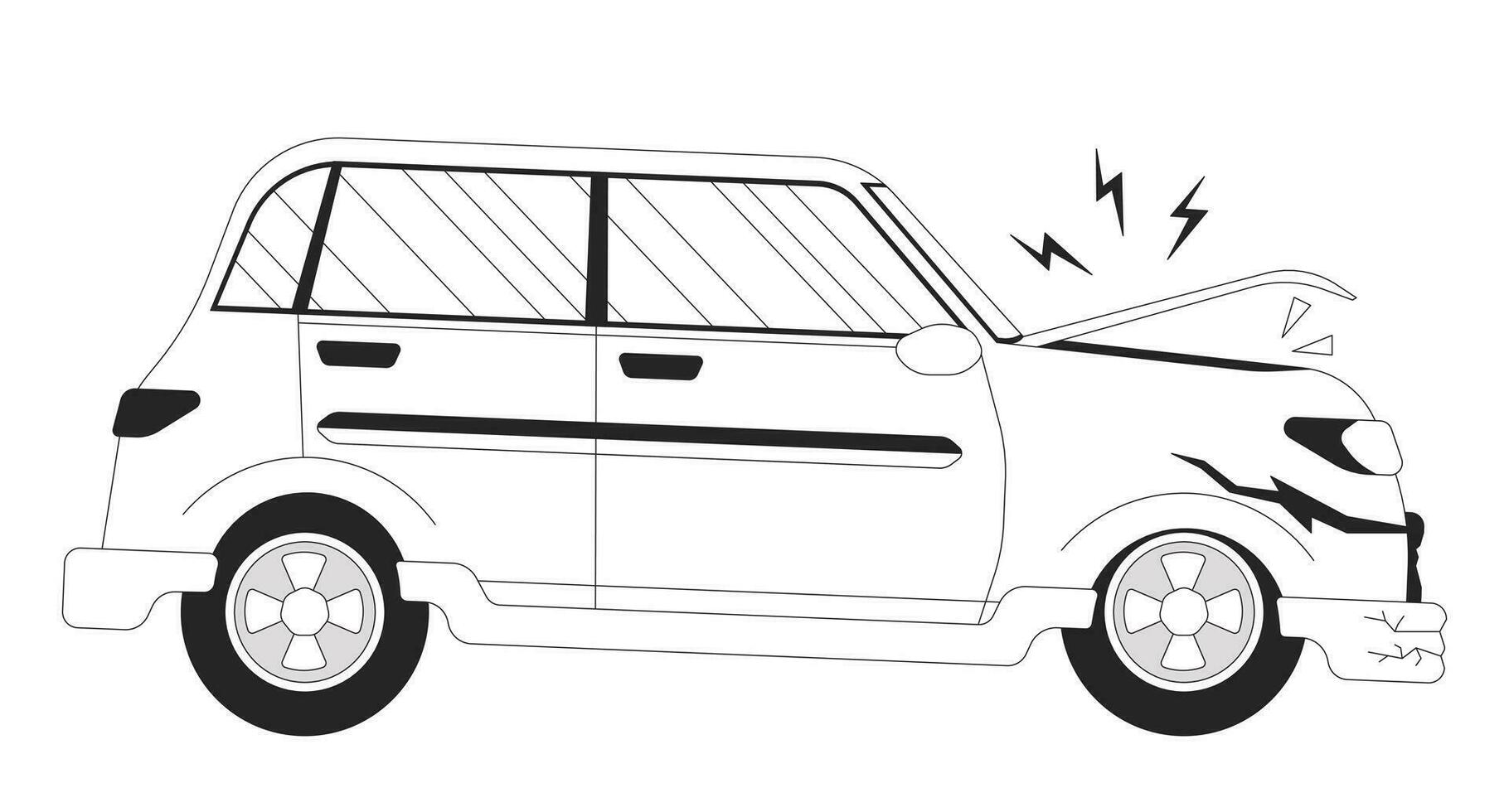 coche accidente negro y blanco 2d línea dibujos animados objeto. dañado vehículo lado ver aislado vector contorno artículo. distraído conducción transporte. frente final dañar auto monocromo plano Mancha ilustración