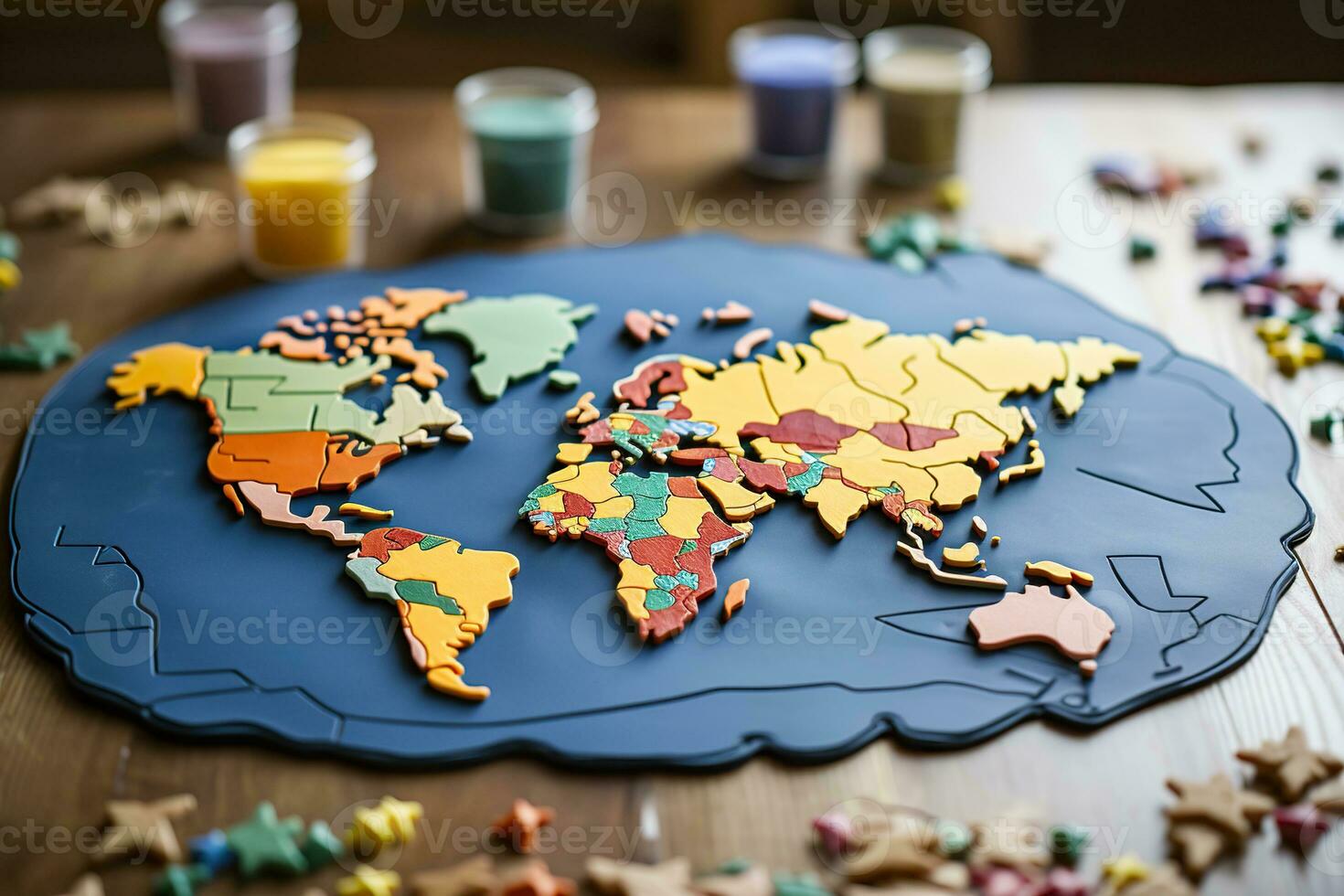 AI generated Silhouette of a world map made of plasticine. Children's craft. Teaching children photo