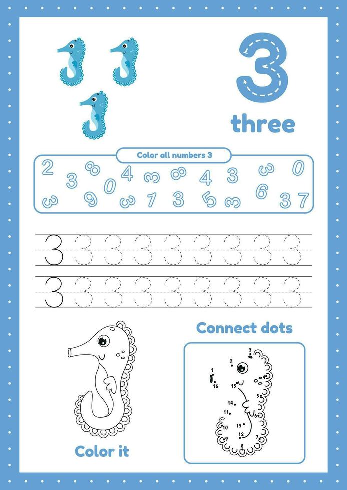 Kids activity pages with many exercises. Learn number three. Coloring, tracing sea horse vector
