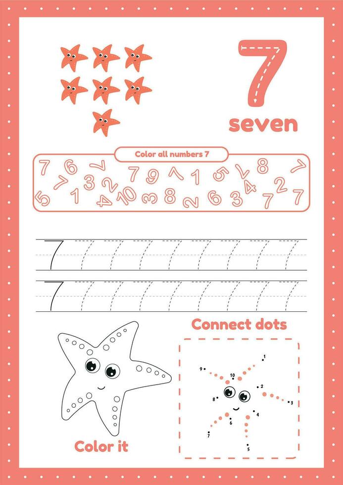 Kids activity worksheet with many exercises. Learn number seven. Coloring, tracing starfish vector