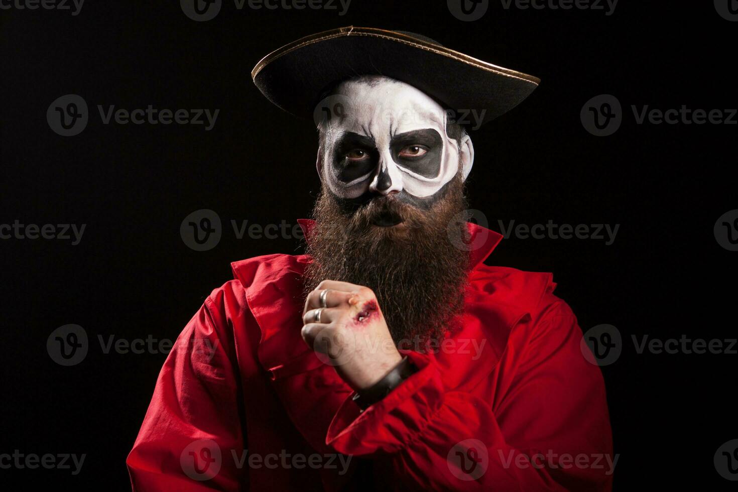 Bearded pirate with long beard wearing a hat . Halloween costume. photo