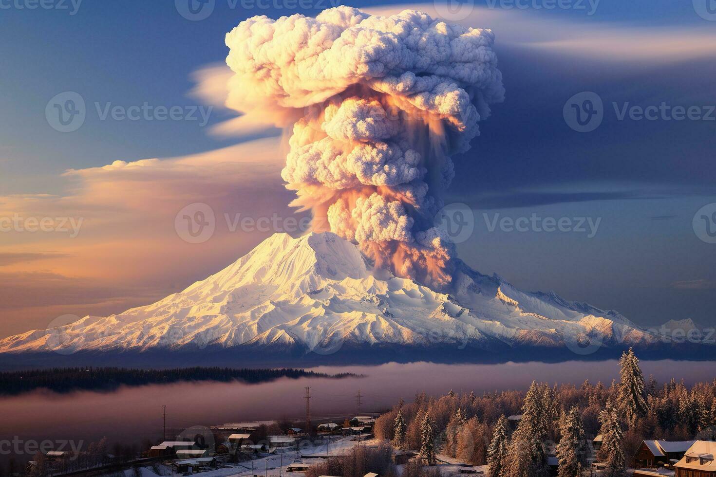 AI generated Volcanic eruption in snowy mountains. Generated by artificial intelligence photo