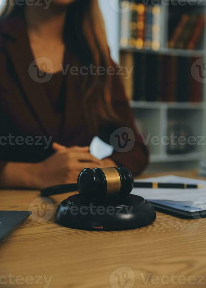 Lawyer, legal advisor, businessman brainstorming information on agreement details Business contracts in legal processing books for accuracy in contract documents. joint financial investment. photo