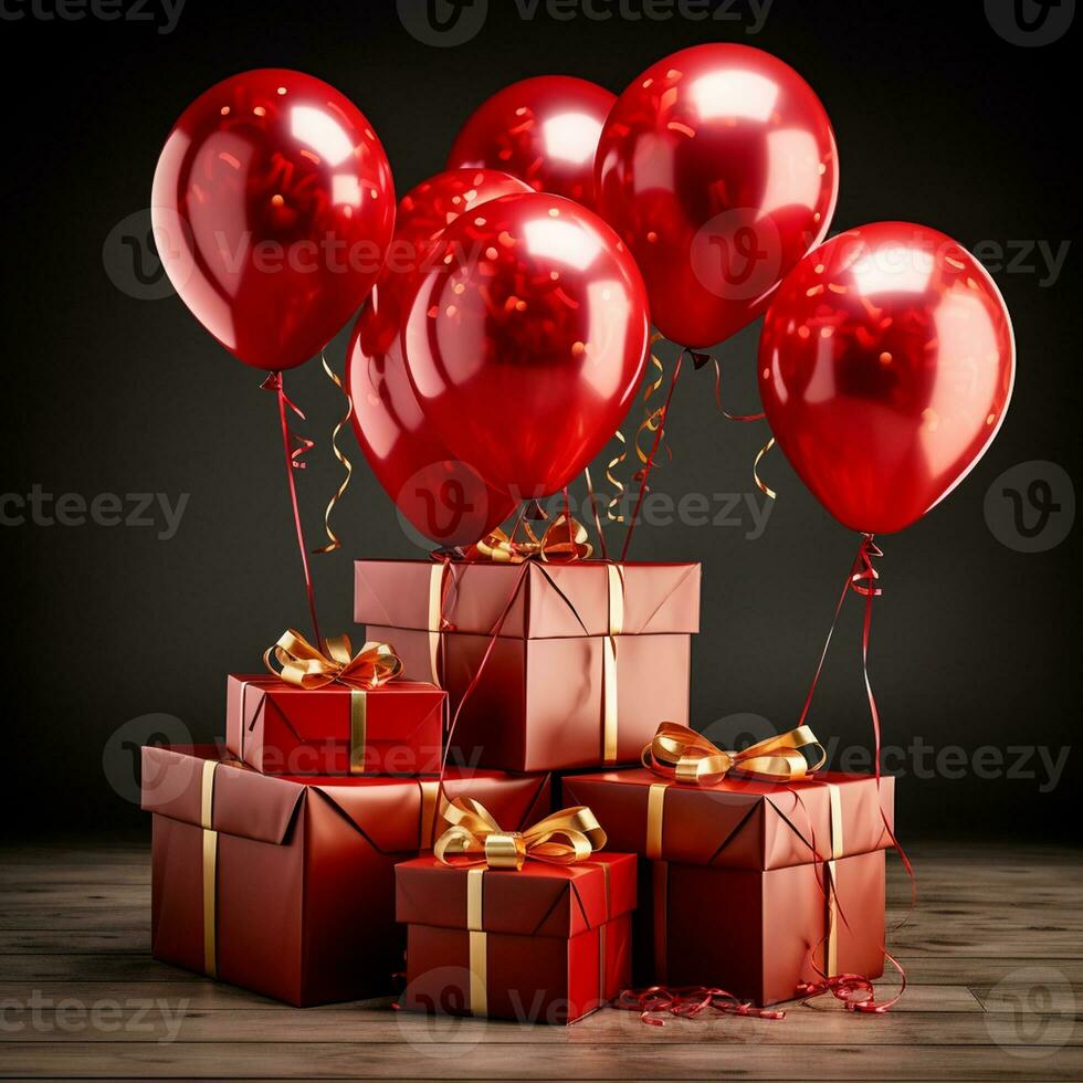 AI generated red balloons with gift box Happy birthday poster element, generative ai photo