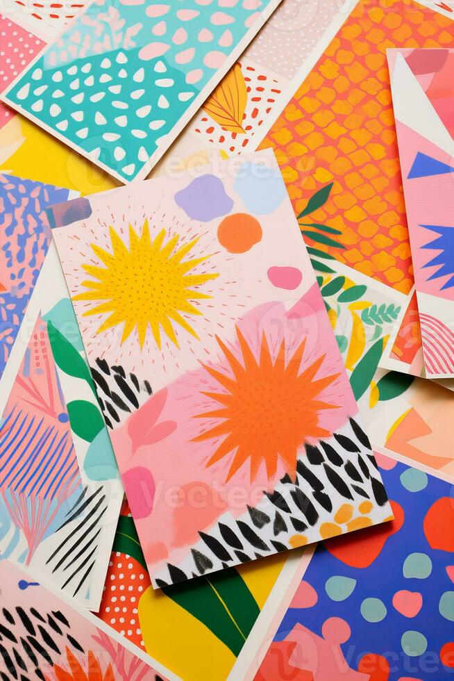 AI generated photo of paper sheets flat lay with geometric and floral risograph prints, colorful, modern background