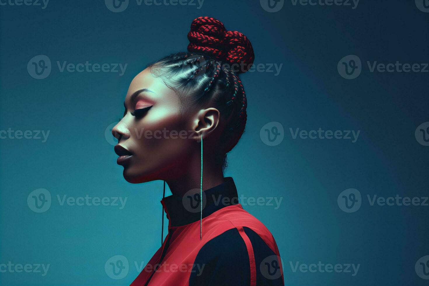 ai generado foto joven negro mujer con trenzado pelo y moderno casual ropa, duotono moderno retrato, coral, oscuro azul