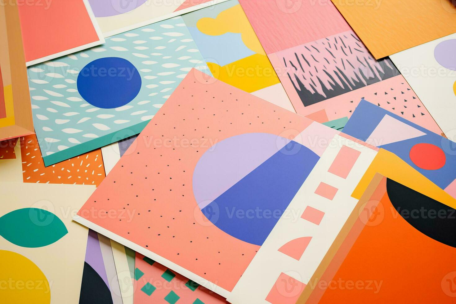 AI generated photo of paper sheets flat lay with geometric and floral risograph prints, colorful, modern background