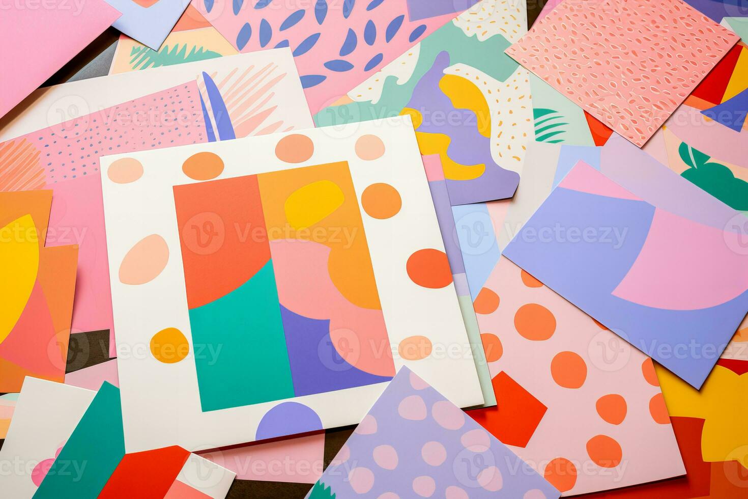 AI generated photo of paper sheets flat lay with geometric and floral risograph prints, colorful, modern background