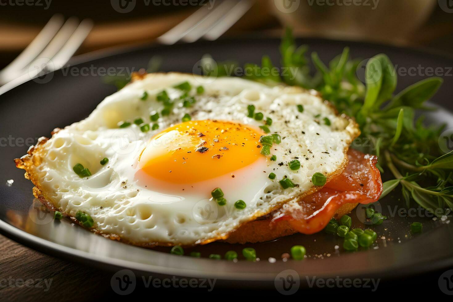 AI generated Breakfast set, fried egg, vegetable, herbs and bacon. On the table. photo