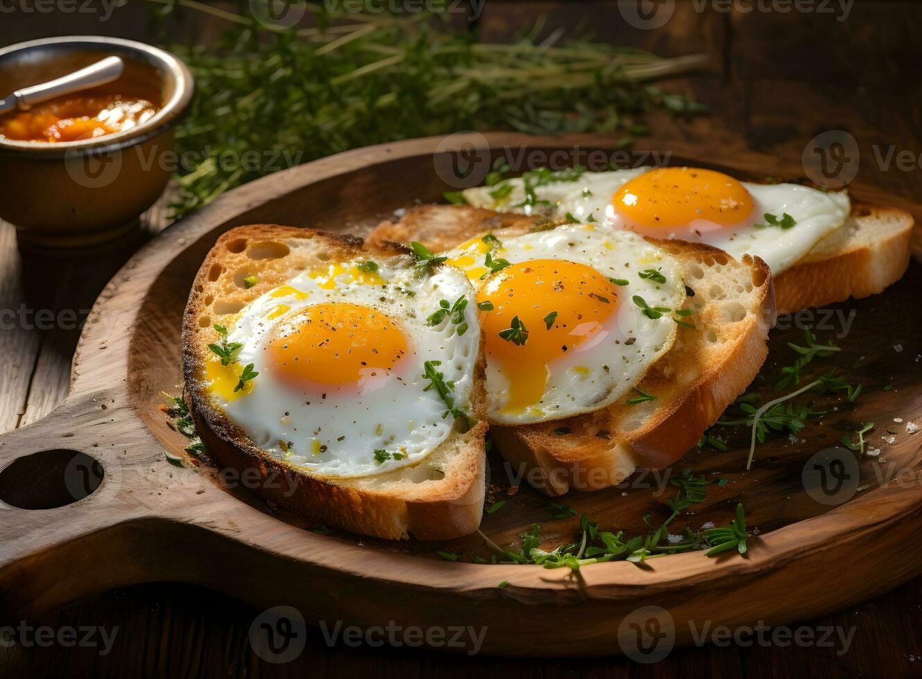 AI generated Fried Egg on bread for Breakfast. Fried egg with bread on plate over wooden table, top view, copy space. photo