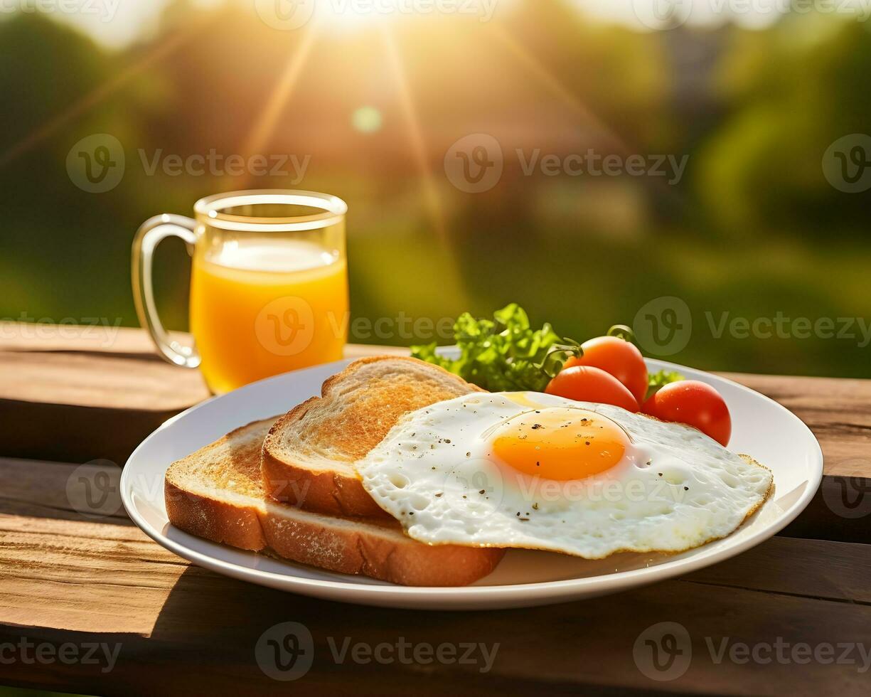 AI generated Fried Egg on bread and a glass of orange juice for Breakfast. Fried egg with bread on plate over wooden table, top view, copy space. photo