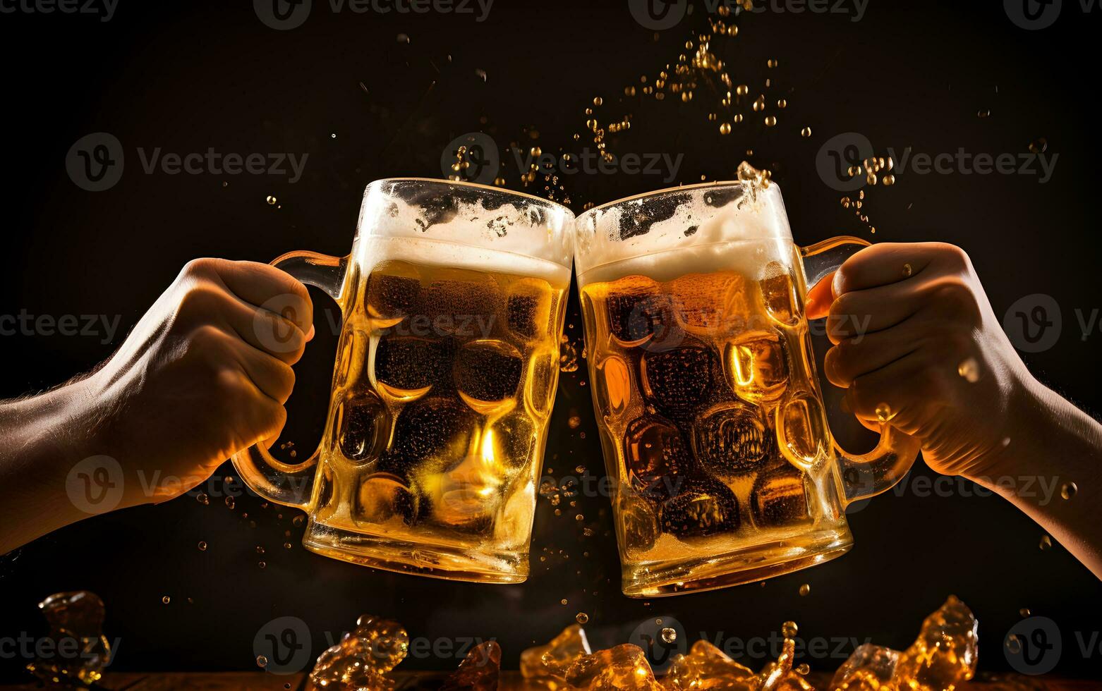 AI generated Two glasses of beer in cheers gesture, splashing out. Isolated on black background. photo