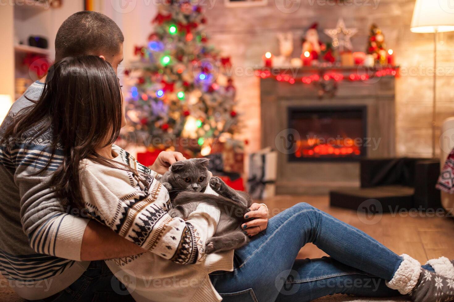 Romantic couple with scottish fold enjoying christmas in front of warm fireplace. photo