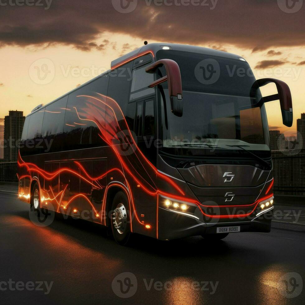 AI generated Red and black Modern comfortable tourist bus. Travel and coach tourism concept. Trip and journey by vehicle photo