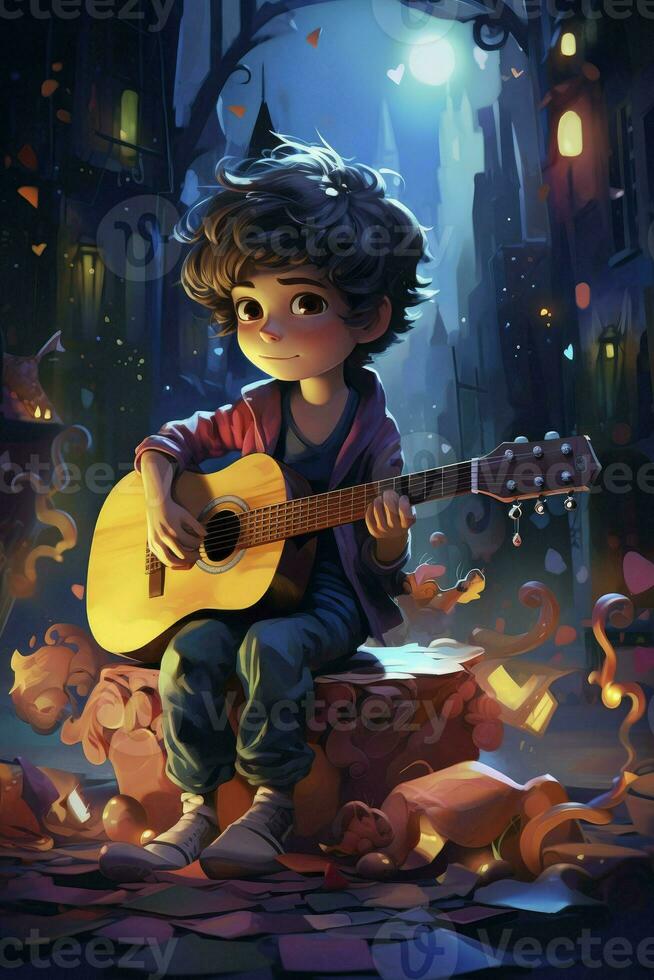 ai generado dibujos animados chico jugando guitarra, linda pequeño chico jugando música foto